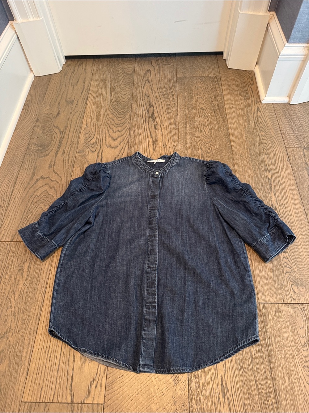 Frame Denim Dark Denim Puff-Sleeve Button-Front Blouse